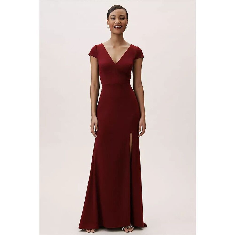 BHLDN Burgundy V-Neck Cap Sleeve Floor-Length Gown